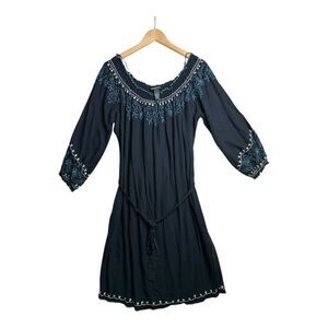 Lucky Brand Western Emboridered Long Sleeve Dress‎ size Large Black